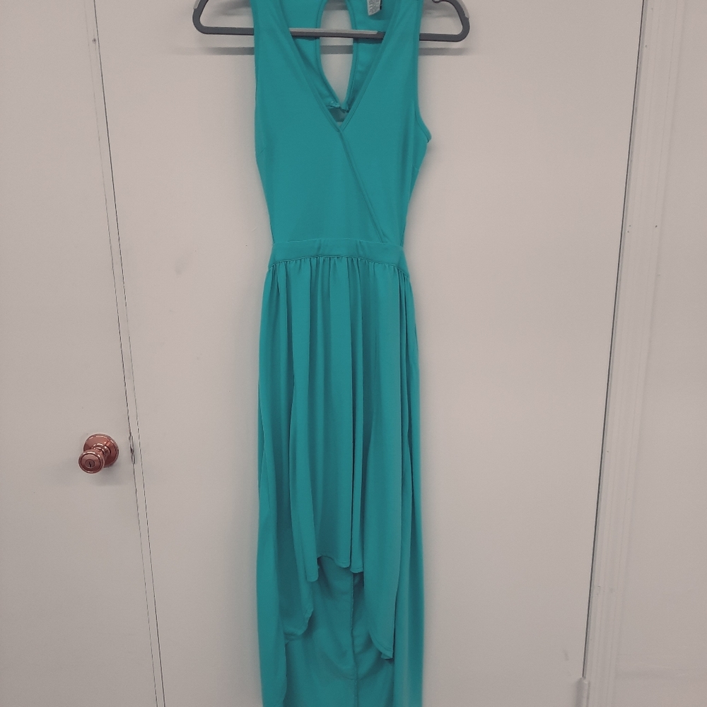 Size L Connection 18 Dress Hi-Lo Asymmetrical Hem Open back V-neck Aqua Flowy